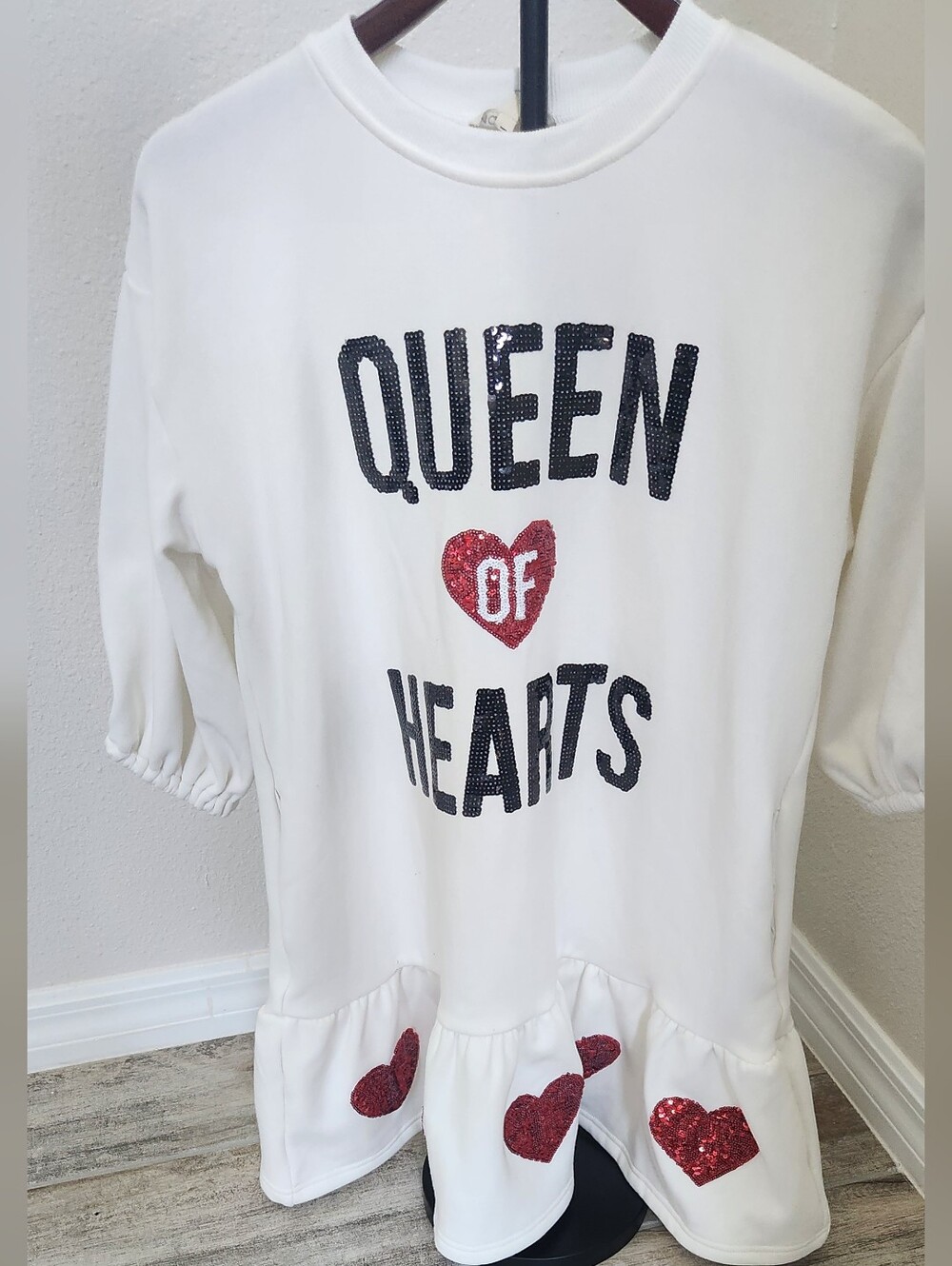 Main Strip White Top with Black Sequin Lettering and Red Heart Accent